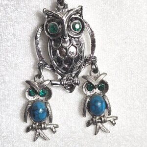 Southwestern Turquoise Mama Owl Pendant, Retro Bird Jewelry, Mother & Child Gift